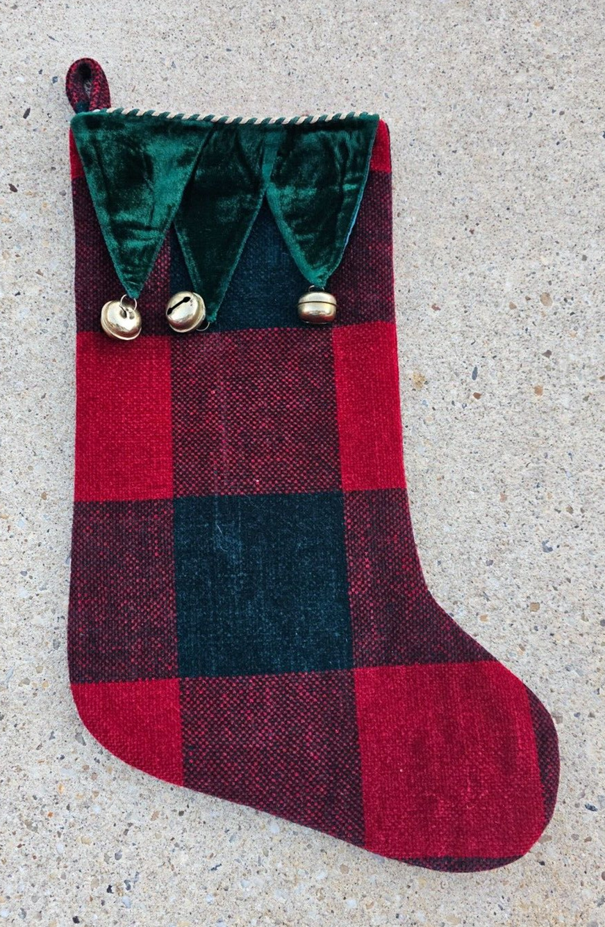 Red & Green Plaid Embellished Christmas Stocking With Bells 20" New